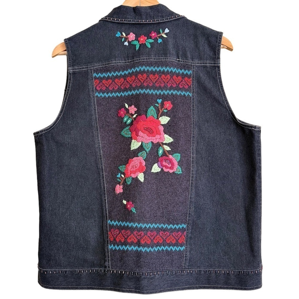 ALFRED DUNNER Boho Colorful Floral Embroidered Beaded Denim Vest Jacket Size 12 - Picture 6 of 7